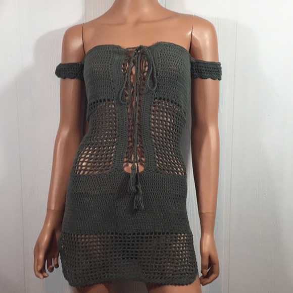 Khaki Green Boho Off Shoulder Dress Crochet - Picture 3 of 8